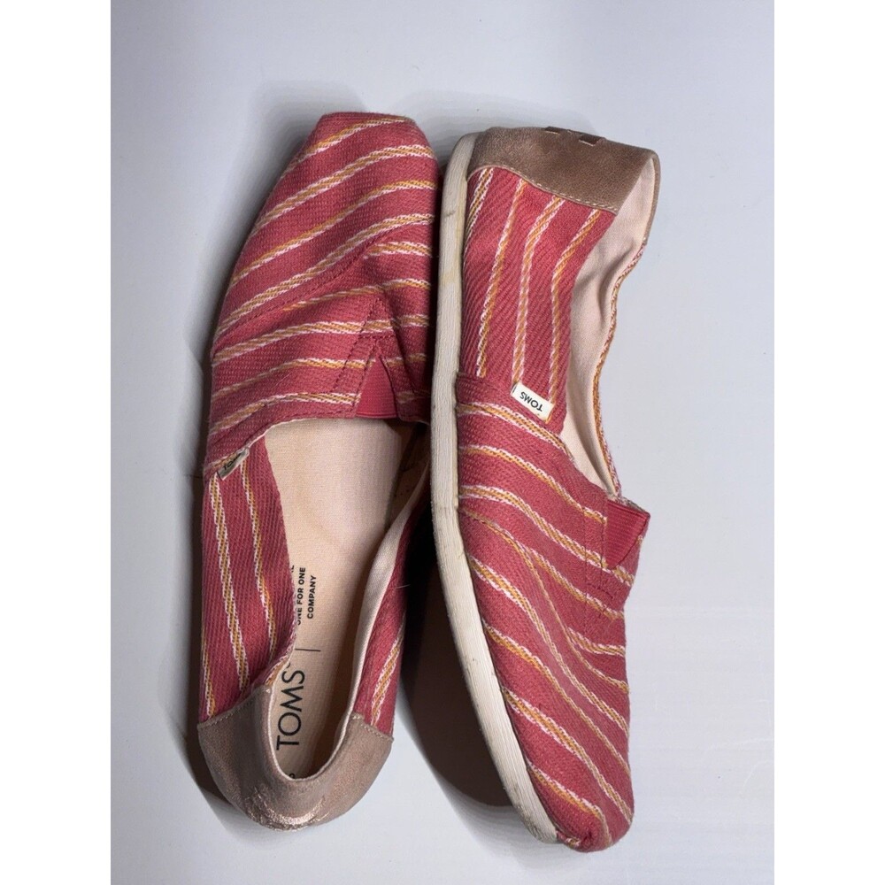 TOMS W Sz 9 Flats red & orange Striped canvas coastal teacher comfort shoe